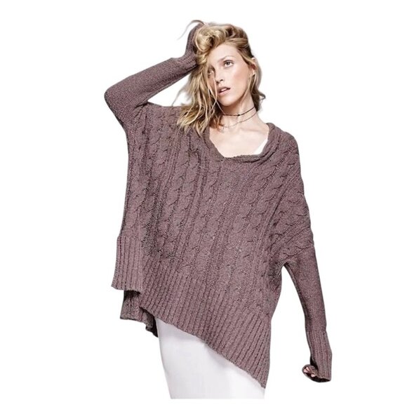 Free People Easy Cable V Neck Sweater Mocha Size L Boho Oversized Winter Neutral - Picture 1 of 14